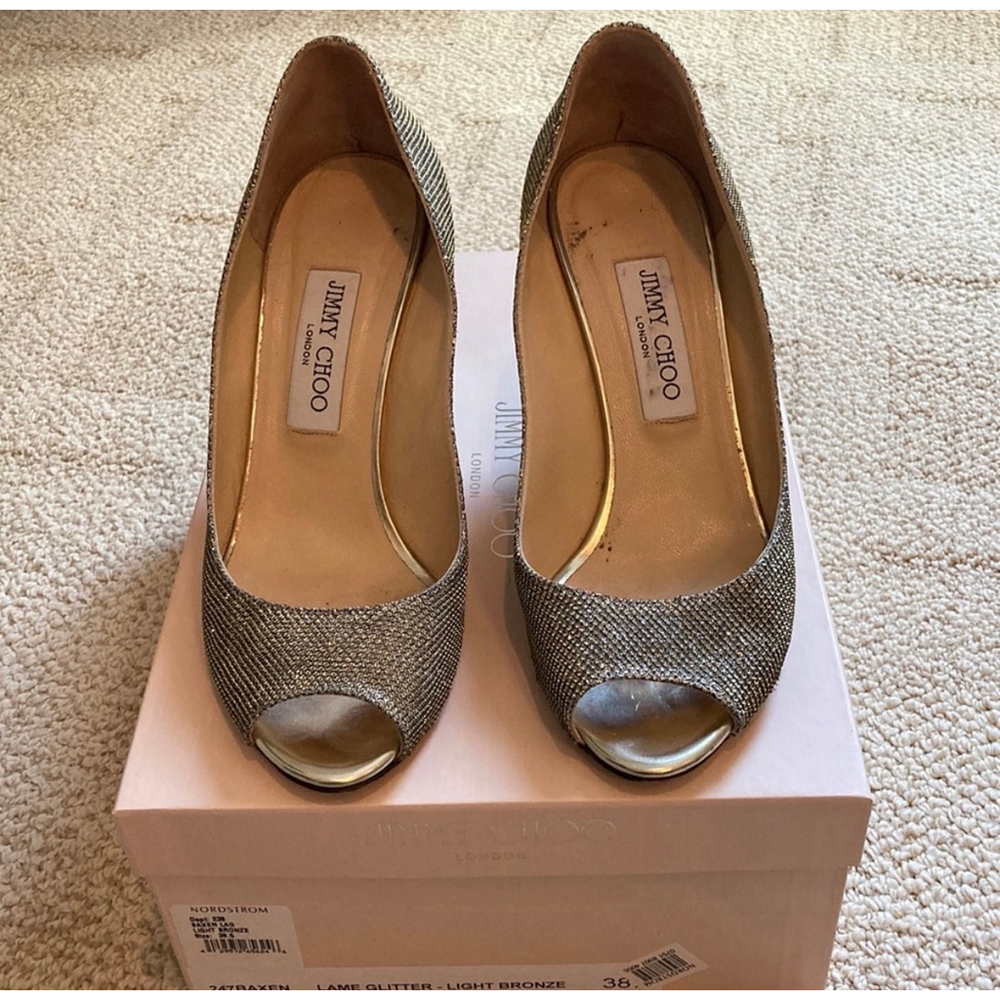 JIMMY CHOO | Gold Silver Glitter Peep Toe Wedge Heels 8.5